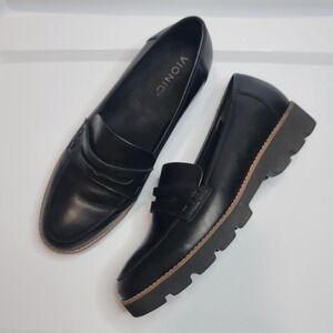 Vionic Cheryl II Black‎ Leather Penny Loafers Platform Lug Sole Size 8.5 Wide